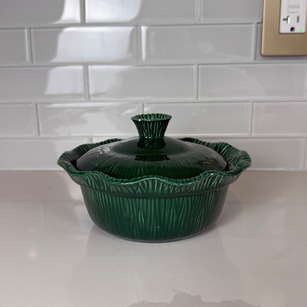 Vintage Green scalloped pottery casserole dish by Miramar of California Kitchen